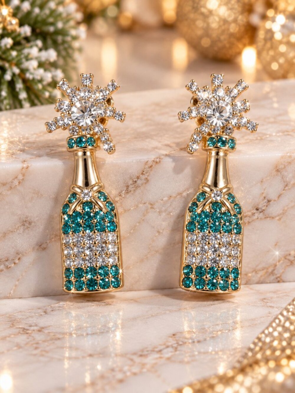 Gold Champagne Bottle Rhinestone Earrings Teal Crystal Party Fashion Jewelry